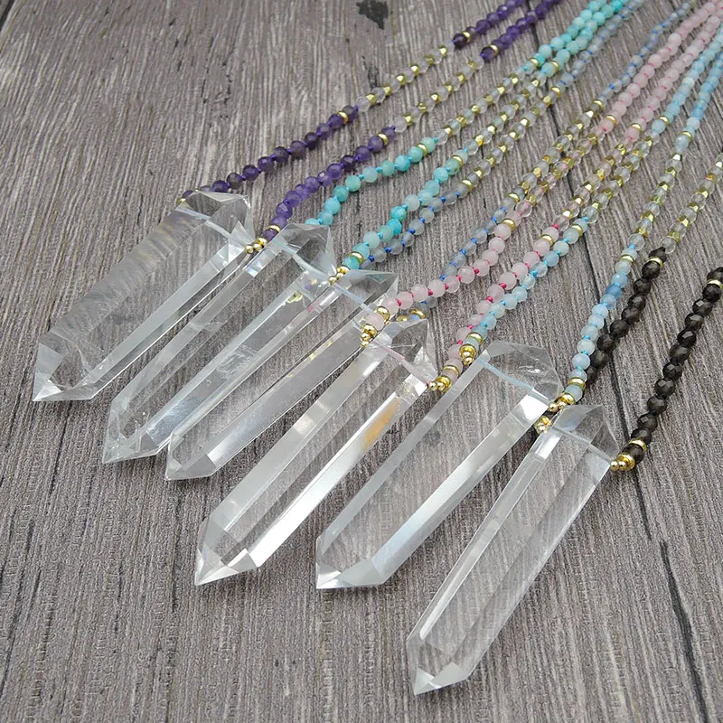 Clear Quartz Crystal Pillar Point Pendant Necklace 4mm Mixed Stones Facted Round Beads Knot Handmade 30inches 40inches