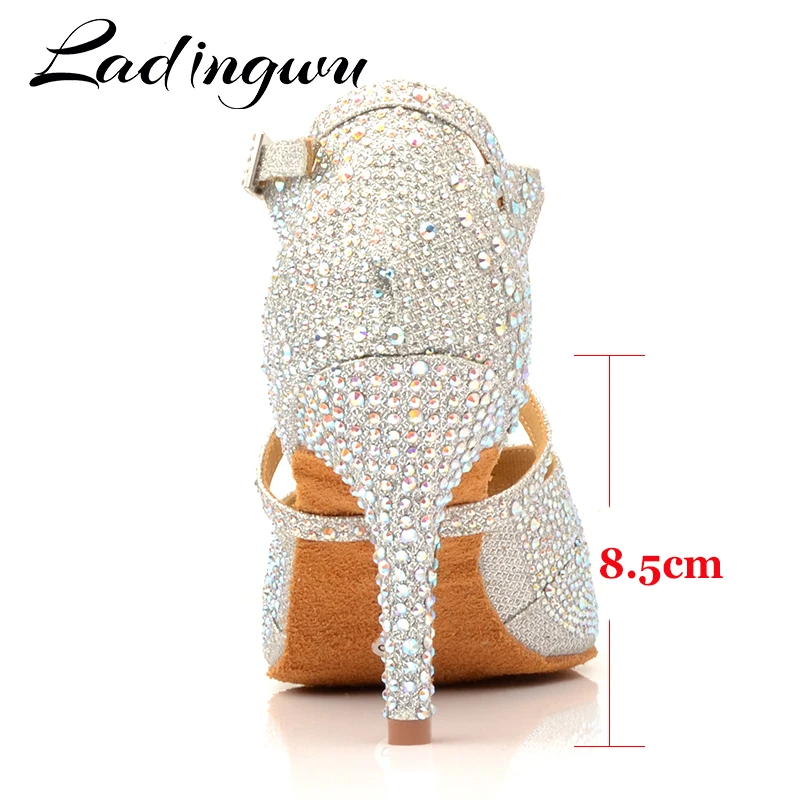 Ladingwu Hot Brand Silver Flash cloth Women's Latin Dance Shoes Rhinestone Ballroom Dance Shoes Square Dance Shoes Soft Bottom