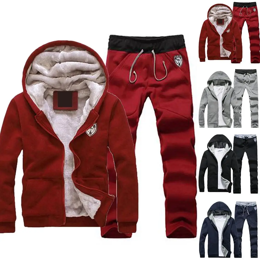 Winter Fleece Men Set Tracksuit Lined Thick Sweatshirt + Pants Sportswear Suit Male Winter Warm Hooded Outerwear Suit