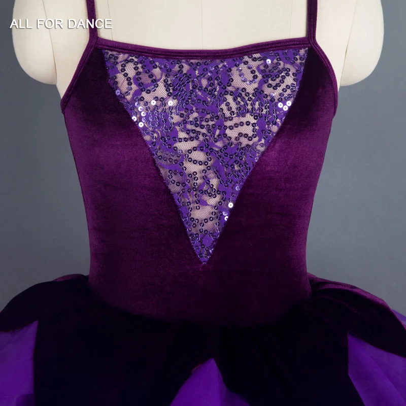 18564 다크 퍼플 벨벳 & 스팽글 탑 보디스와 퍼프 튤 스커트 여성 및 소녀 무대 댄스 드레스 로맨틱 발레 의상