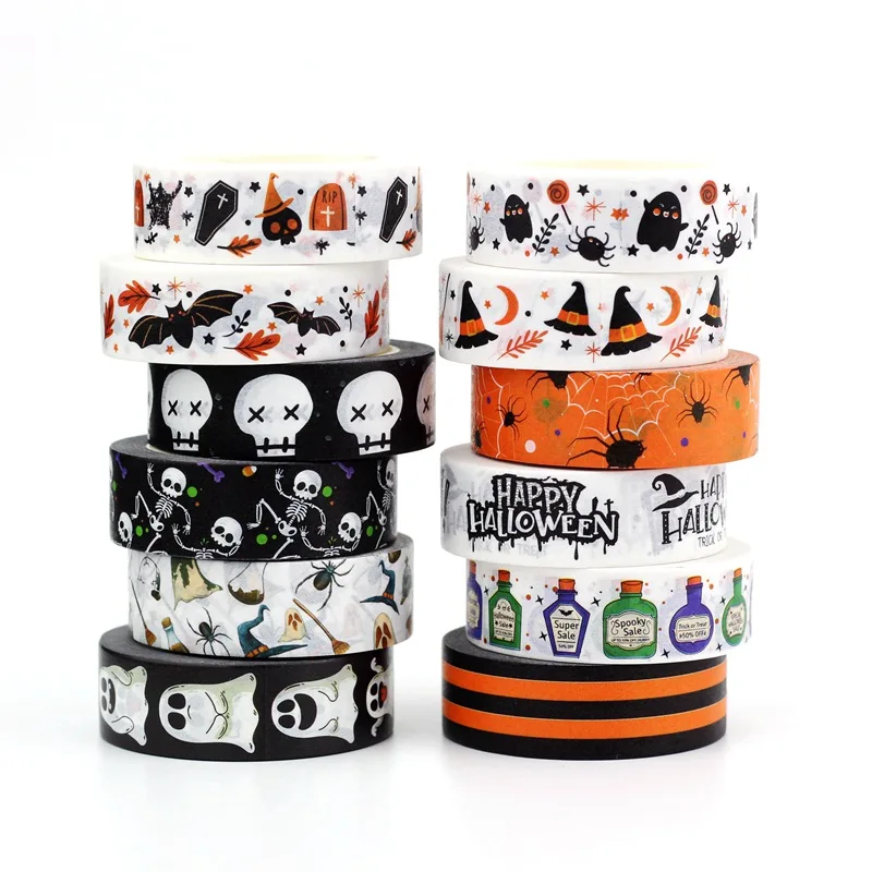 1Pc. 10M Decoratieve Schedel Skelet Zwarte Kat Pompoen Vleermuis Spin Halloween Washi Tape Planner Plakband Schattig Briefpapier