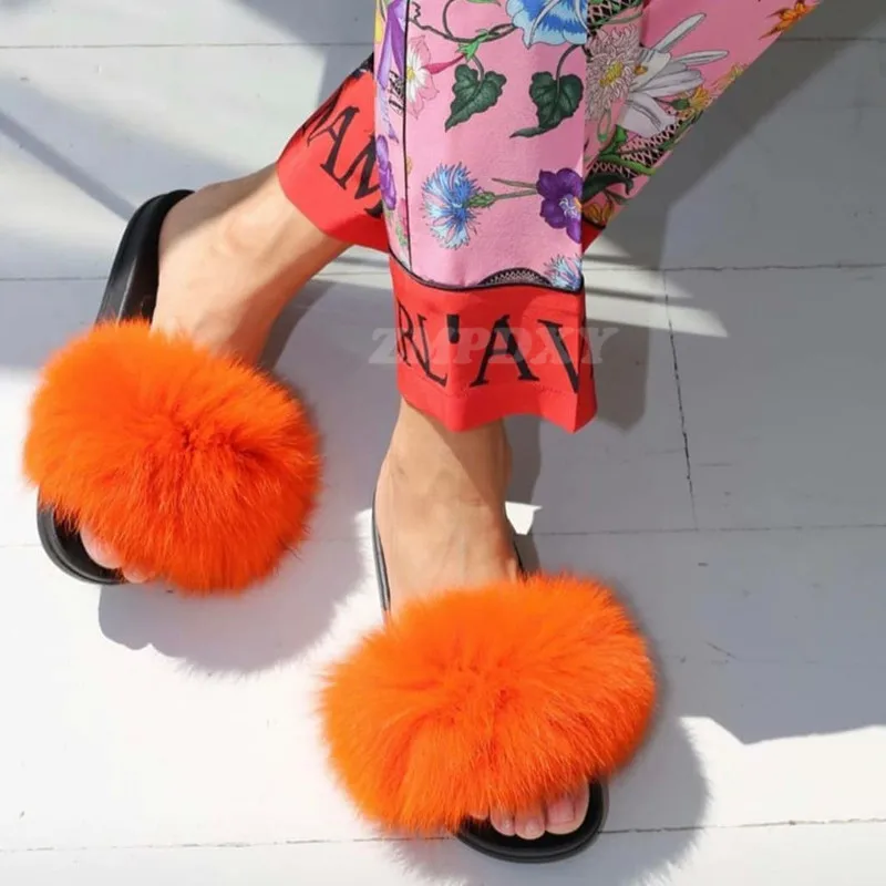 Summer Women Luxury Fluffy Fur Slides Real Fox Fur Slippers Ladies Indoor Warm Furry Flip Flops Girl Cute Plush Amazing Sandals