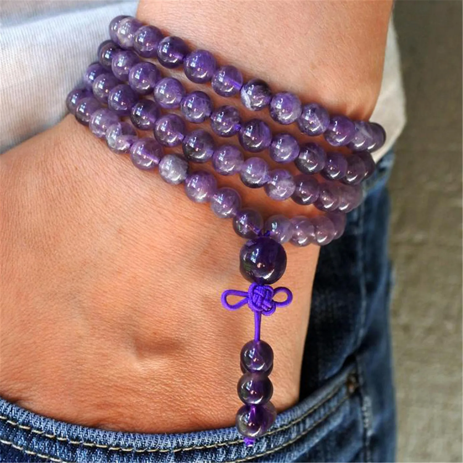 

6mm Amethyst Crystal 108 Beads Handmade Tassel Necklace Bracelet Yoga Mala Retro Meditation Buddhism Buddhist Spirituality Men