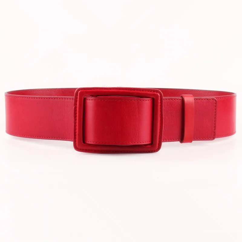 Simple กว้างเอวชั้น Cowhide หนังเข็มขัดหนังผู้หญิง Square Buckle สีดำตกแต่งเข็มขัด