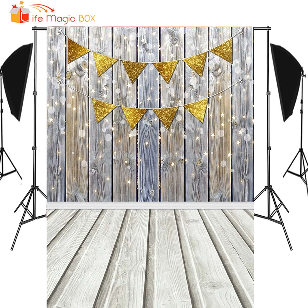 หิมะไม้ฉากหลังวันเกิด Party Golden Flags ถ่ายภาพพื้นหลัง Baby Shower Wedding Photoshoot วอลเปเปอร์