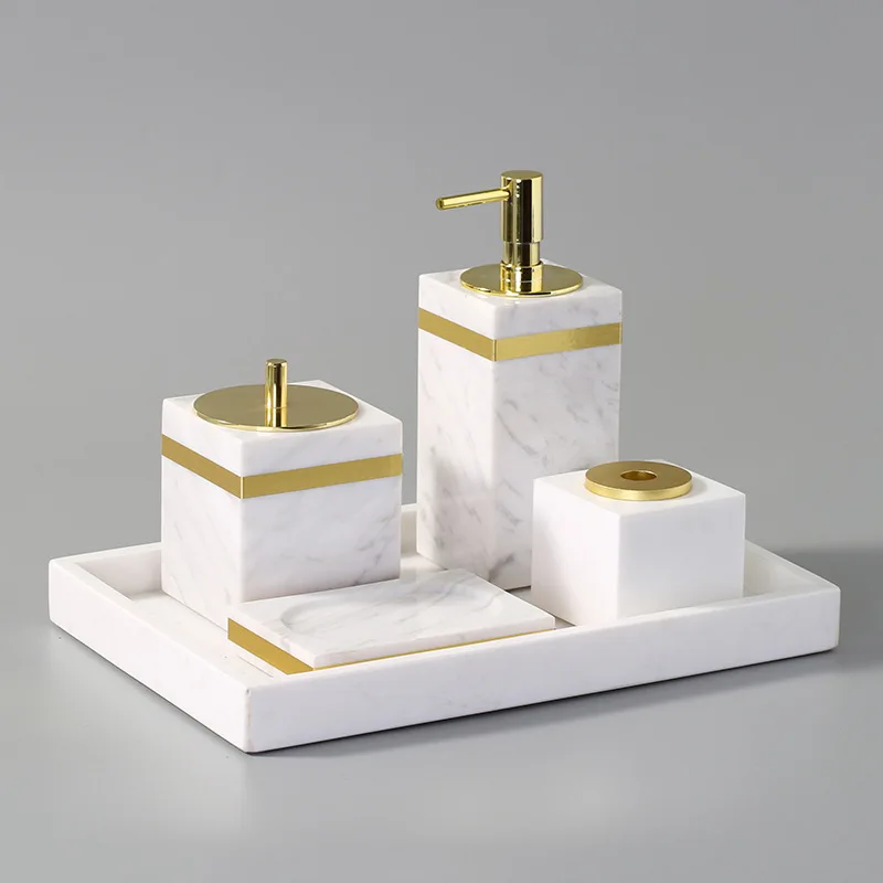 Volakas White Natural Marble Bathroom Set Luxury Soap Dispenser Toothbrush Holder Soap Dish Bath Set Golden Bathroom Accessories