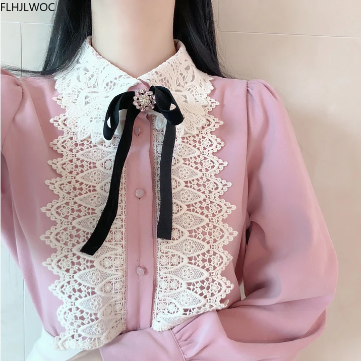 Womens Basic Office Lady Work Wear Cute Vintage Bow Tie Top White Lace Single Breasted Button Solid White Pink Shirts Blouses