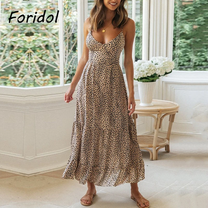 Foridol Elegant Backless Lace Up Summer Dress Women Clothing Sleeveless Leopard Maxi Boho Beach Dress Lady Long Vestido Feminino