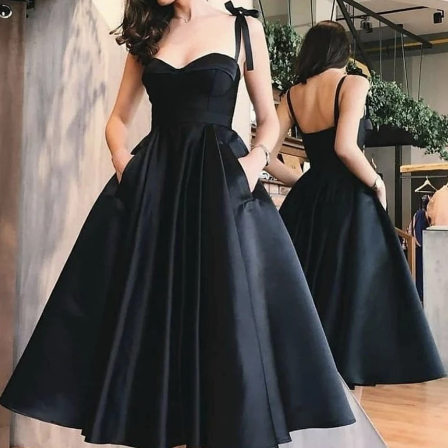 Vestido de noite preto, linha a, alças espaguete, sem mangas, bolsos traseiros, cetim, chá, festa formal, vestido de baile