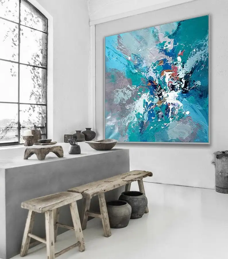 

Thick Acrylic Colorful Palette Knife Abstract Extra Large Square Artwork Painting Oversize Modern Wall Art Turquoise Blue Art