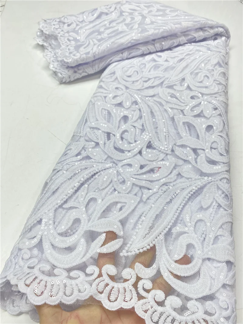 PGC White African Lace Fabric With Sequins 2024 High Quality Lace Nigerian Embroidery Lace Fabrics For Wedding Sewing