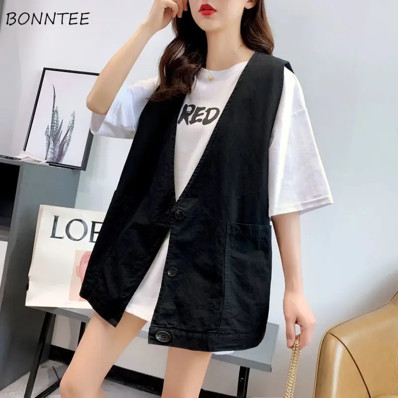 

Vests Women Student V-Neck Spring Solid Denim Loose Leisure Korean Style Prevalent College Fashion All-match Female Waistcoats