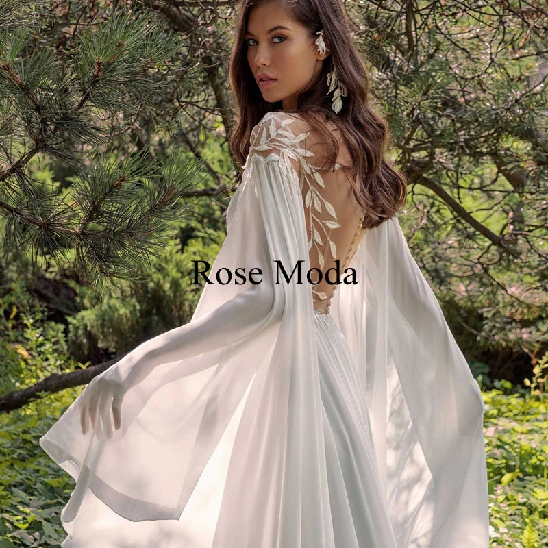 Rose Moda Griekse Lange Mouwen Backless Boho Trouwjurk Strand Bruidsjurk Custom Maken