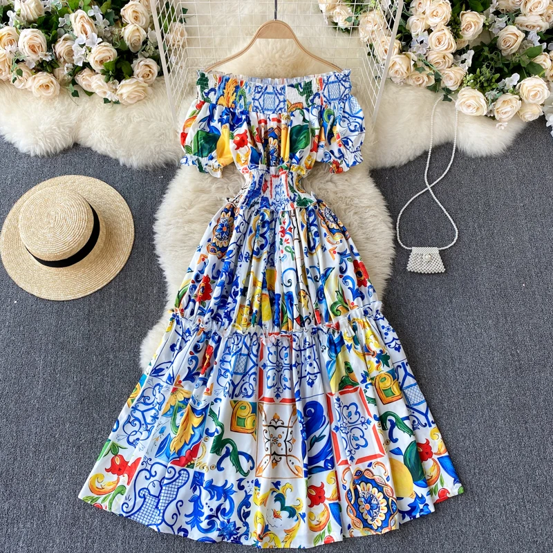 2022 Runway Fashion Summer Dress Women Elegant Slash Neck Puff Sleeve Elastic Waist Robe Vintage Flower Print Midi Dress M7218#