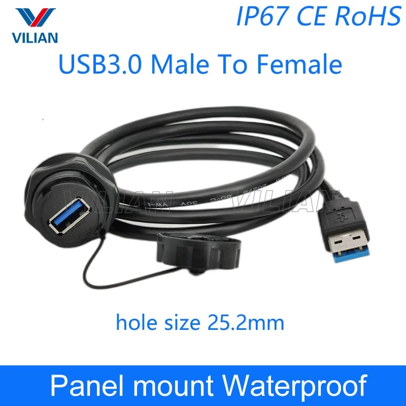 Imagem -02 - Impermeável Panel Mount Connector Usb 3.0 Ip67 Cabo Impermeável Soquete Usb Macho para Cabo de Extensão Fêmea 40 Unidades 1m