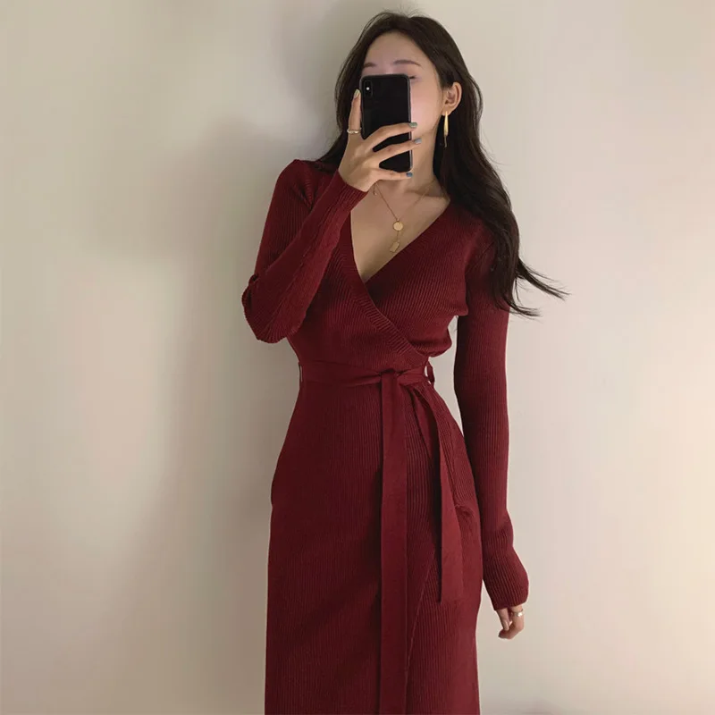 Croysier Winter Dresses For Women 2020 Elegant Belted Midi Sweater Dress V Neck Long Sleeve Ribbed Knitted Sexy Bodycon Dress