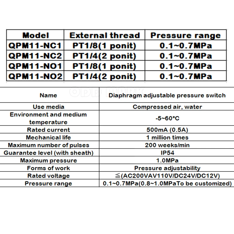 QPM11-NO/NC pneumatic adjustable pressure switch air compressor