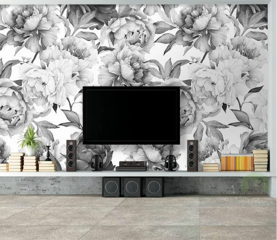 Bacal Nordic Black and White Peony Flower 3D Wallpaper mural for Walls Paper Vintage Decor Painting Backdrop Home Improvement