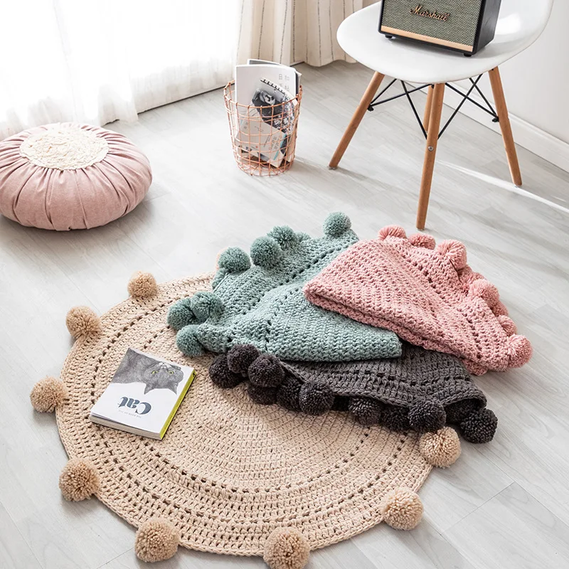 

5 Colors Woven Round Ball Carpet Mat Non-slip Bedside Area Rugs Baby Bedroom Play Carpet 90*90cm