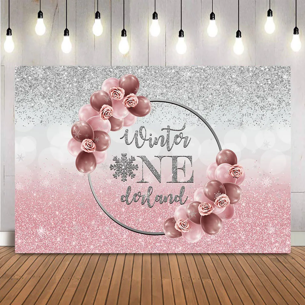 Winter Onederful Birthday Backdrop Pink Glitter 1st Birthday Party Decoration Balloons Pink and Sliver Shining Dots Photoshoot