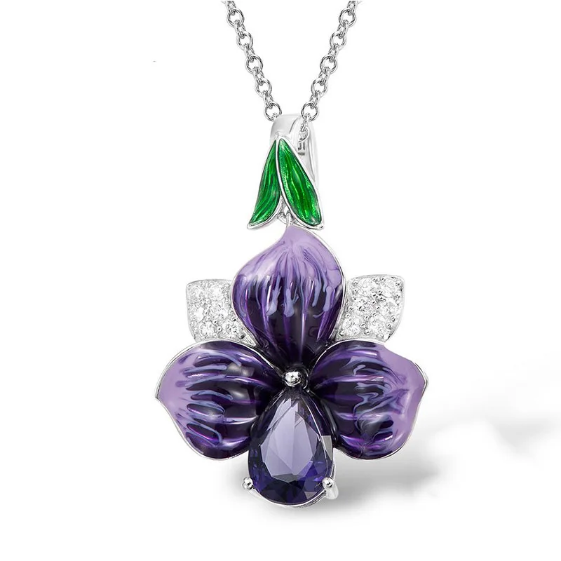 Ladies Trendy Silver Enamel Jewelry Set High Quality Purple Zircon Flower Petal Pendant Necklace Ring Earrings Wedding Party Set