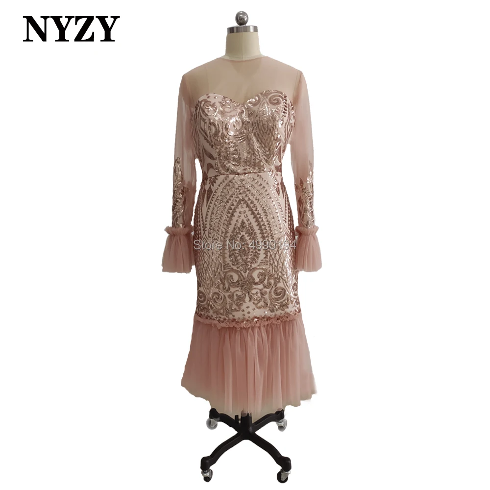 

NYZY E254 Elegant Long Sleeves Tea Length Africa Dubai Arabic Evening Dress 2020 Pink Sequin Dress Party Cocktail Prom