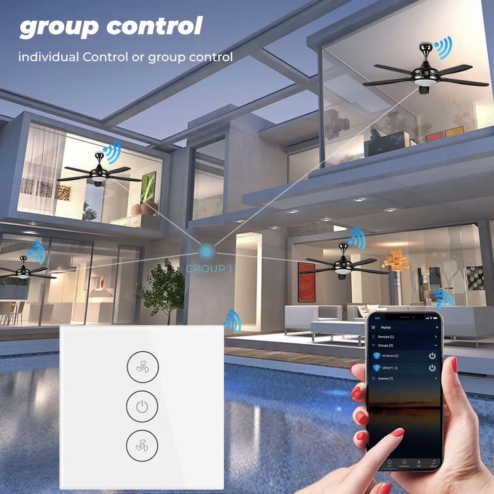 SMATRUL Tuya Touch Wifi Ceiling Fan Switch EU Smart Life Remote Timer Speed Wall glass APP Control Work with Alexa Google Home