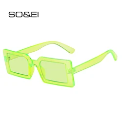SO&EI Fashion Fluorescent Green Rectangle Women Sunglasses Clear Ocean Lens Eyewear Brand Designer Vintage Men Sun Glasses UV400