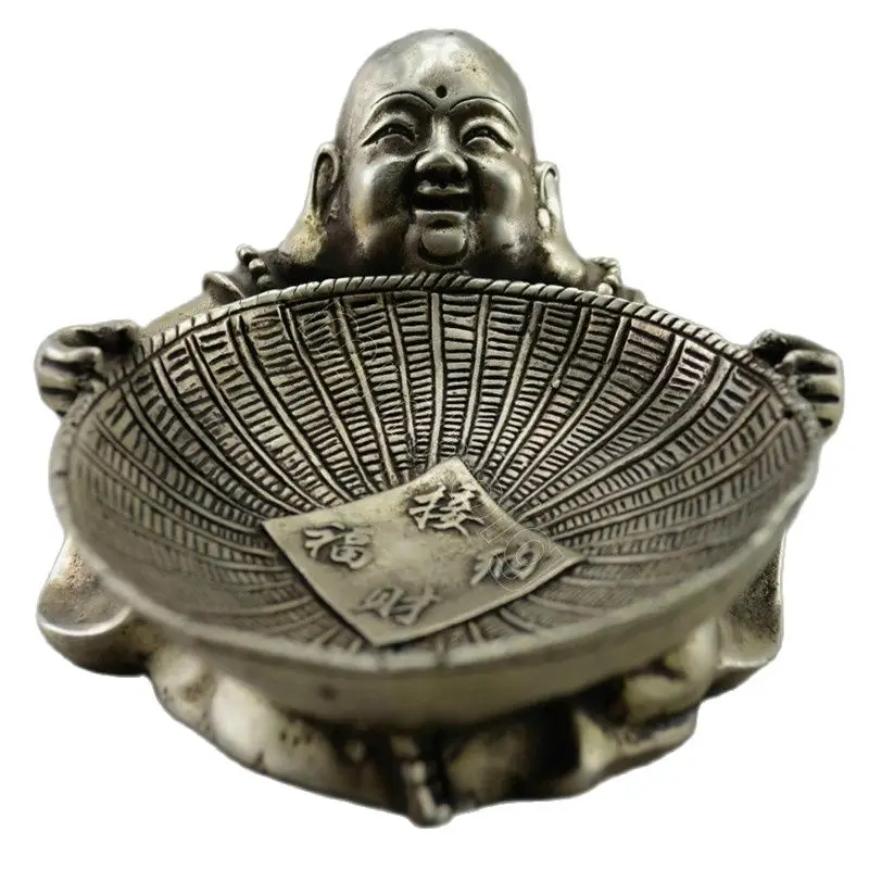 

Collectible Decorate Old Handwork Tibet Silver Carved Buddha Hold Dustpan Statue