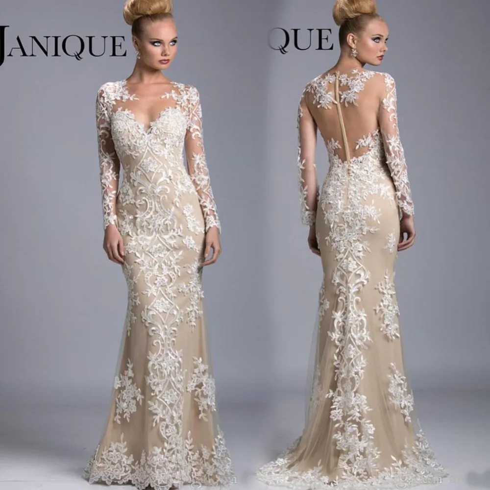 2015 New sexy see through back Long Sleeve For Weddings Guest Sweetheart Appliques Champagne Mermaid Mother of the Bride dreses