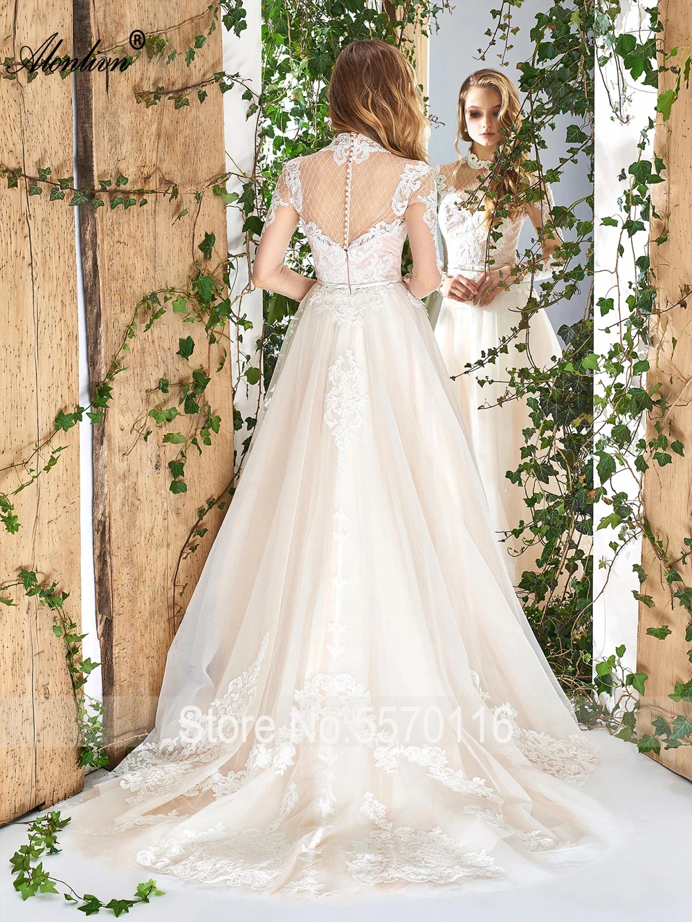 Alonlivn Elegant Silky Organza Grid Yarn Appliques Full Sleeves A-Line Wedding Gowns Bridal Dresses