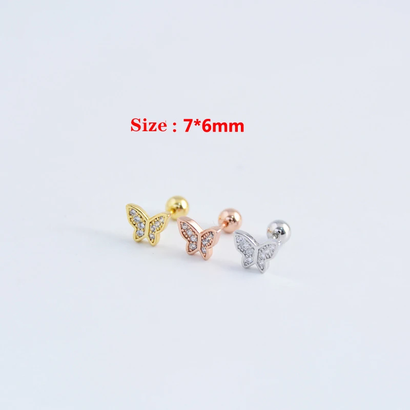 1Pcs Cute Small Screw Ball  Pave Zircon Butterfly Shape Mini Studs Earring For Women Trendy  Ear Cartilage Piercing Cuff Jewelry