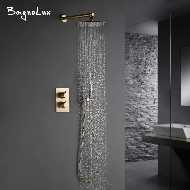 

Vidric Luxury Thermostatic Shower Set With handheld Shower Burnished Gold Wall Mounted Shower System Concealed Waterfall In Wall