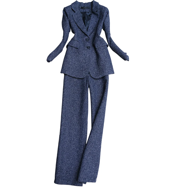 Autumn and winter new Korean fashion ladies suit chic high-end tweed suit jacket straight wide leg pants two-piece suit