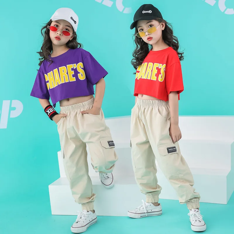 Children Ballroom Dancing Clothes Cool Hip Hop Clothing Loose Casual Pants Crop Top T Shirt for Girls Dance Costumes Dancewear