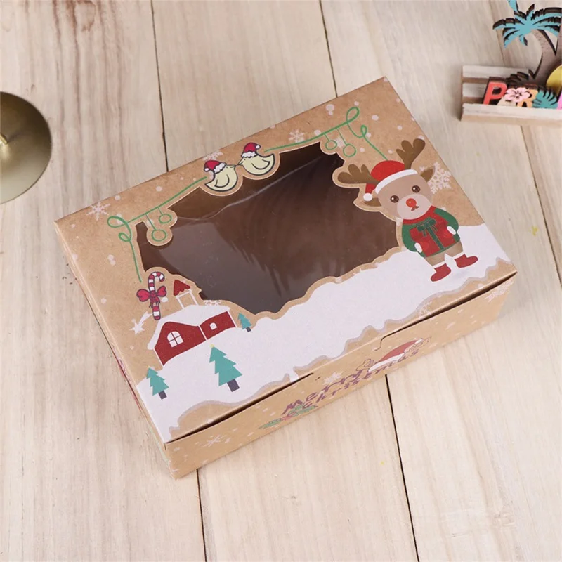 

16 Pcs/Lot Baking Kraft Paper Packaging Box Vintage Christmas Print Elk Santa Gift Box Cookies Wrapping Case Diy Foldable Candy