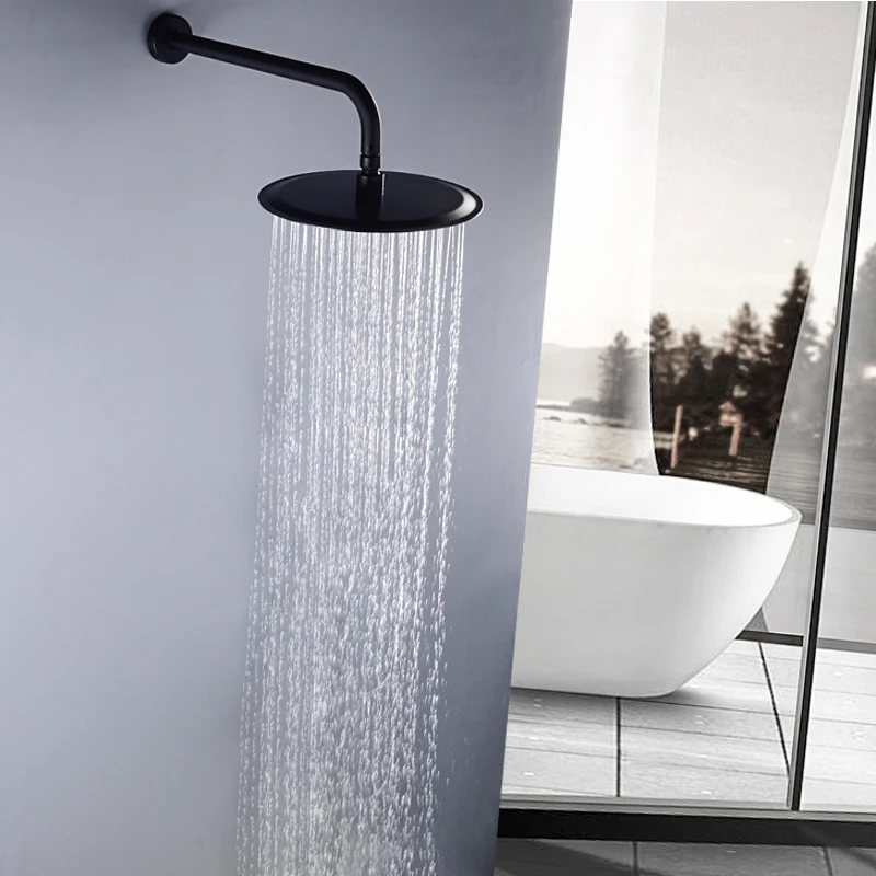 Zwarte Ronde Regendouche Ultradunne 10 Inch Rvs Badkamer Muur Gemonteerde Douche-Arm Regendouche Kraan Set