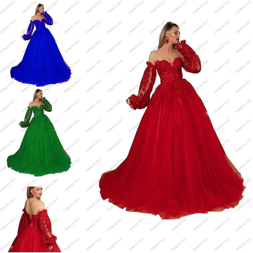 Robe de soirée longue en Tulle, rouge, bleu Royal, vert, manches détachables, robes de bal, motif Floral 3D, bon marché