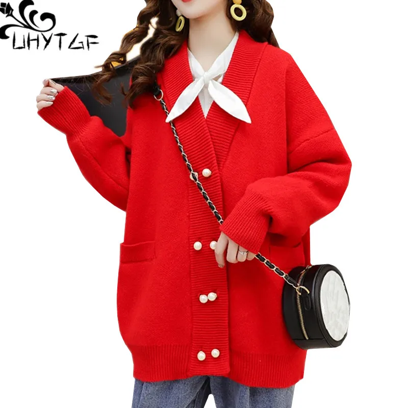 UHYTGF Womens Autumn Sweater Coat Korean Small Fresh Loose Big Size Sweaters Knitted Cardigan Female Jacket Mujer Suéteres 1288