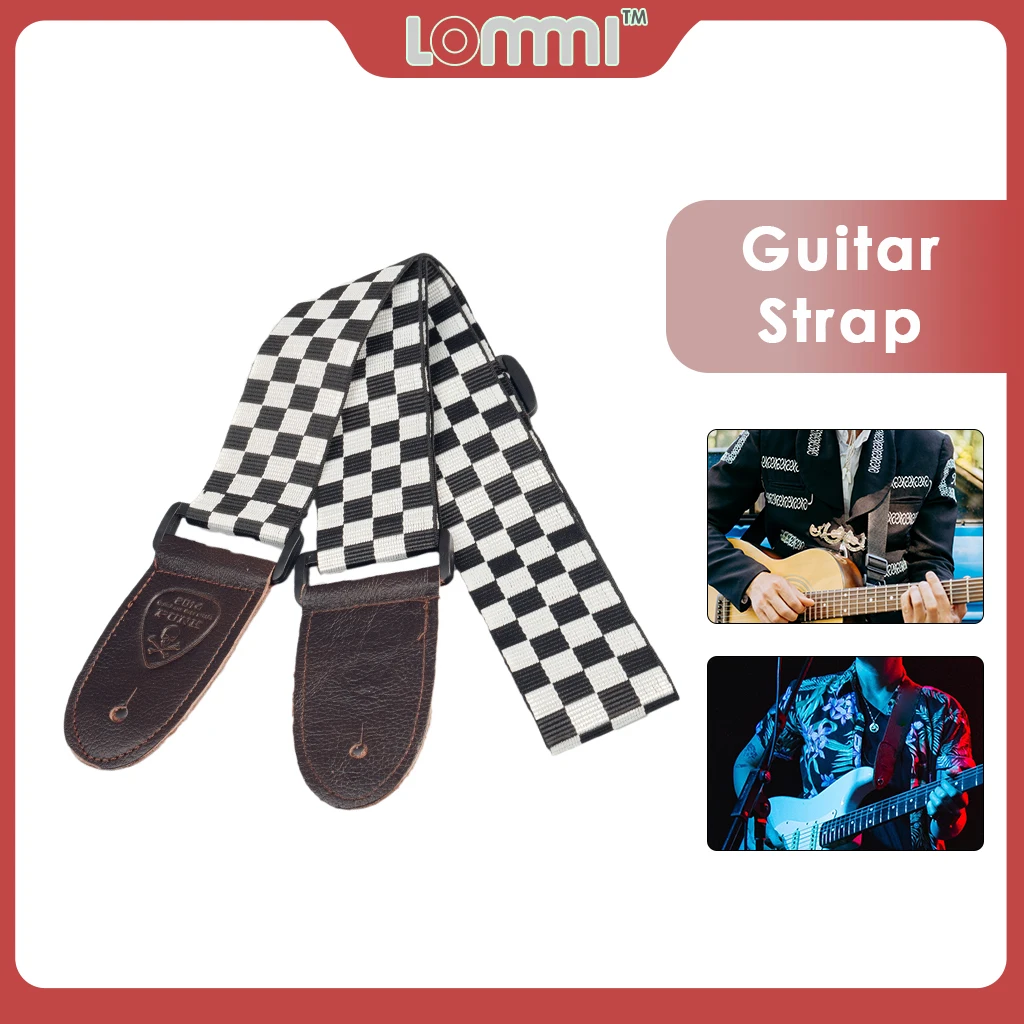 LOMMI Acoustic/Electric Guitar Strap Nylon Black And White Checkerboard Design Lightweight Easily Rolled For Compact Storage