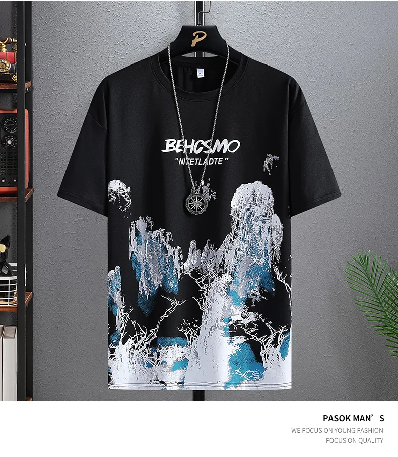 Neue casual T-shirt klassische Chinesische landschaft malerei druck muster rundhals mode hip-hop straße liebhaber kurzen ärmeln