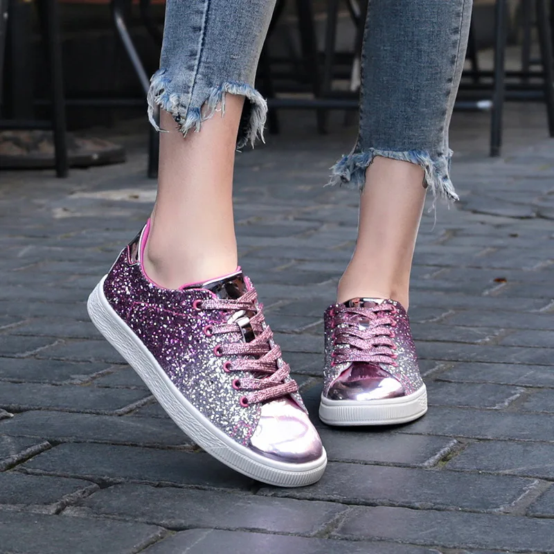 Women Vulcanize Shoes Sneakers Bling Shoes Girl Glitter Casual Female Breathable Lace Up Outdoor Sport Shoes Zapatos De Mujer yu