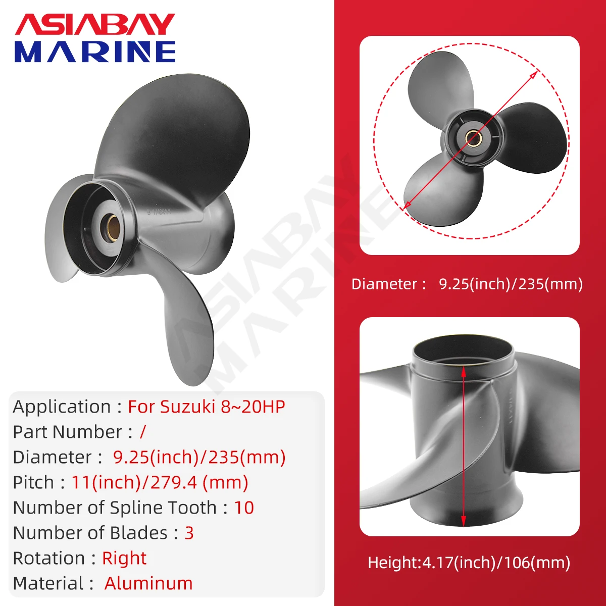 Outboard Propeller For Suzuki 9.9hp 15hp  9 1/4 *11 Boat Motor Aluminum Alloy Screw 3 Blade 10 Spline Ship Marine Engine Part
