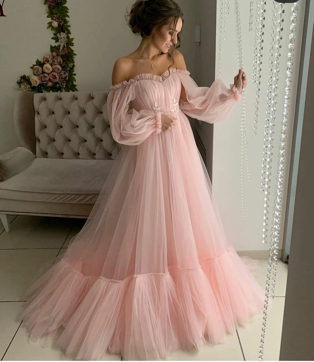 Vestidos de Noche largos de tul musulmán rosa personalizados con mangas corte en A hasta el suelo de encaje Abendkleid vestido de fiesta Formal para mujer
