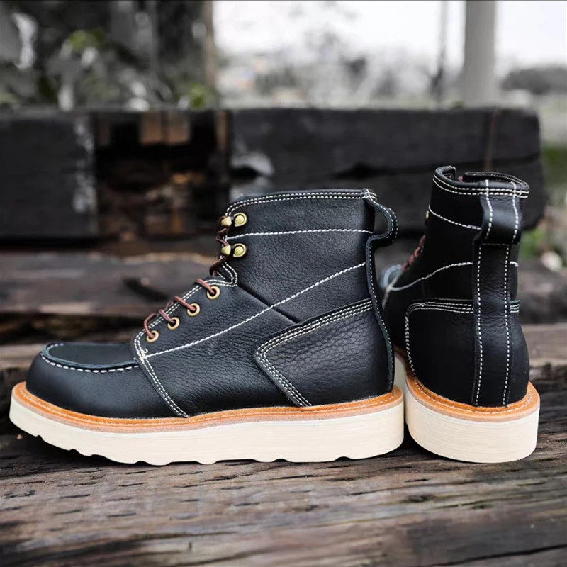 High Quality Japanese Vintage Handmade Men Cow Leather Shoes Autumn Winter Tooling Ankle Boots Platform Work Motorcycle Boots