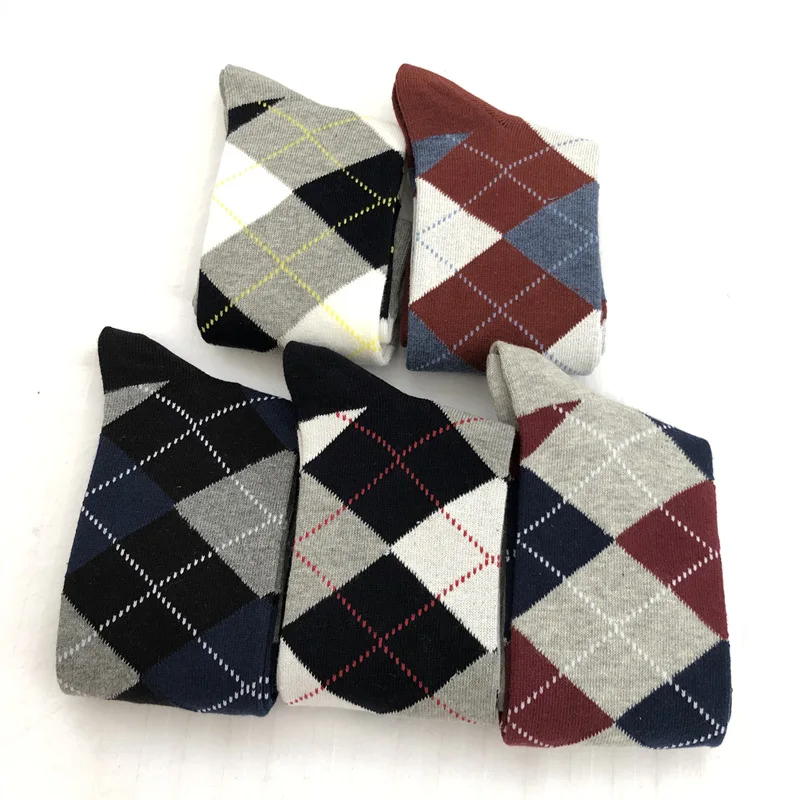 Match-Up Autumn and winter classic British style large diamond lattice business casual men's socks thickened  (5Pairs/lot)