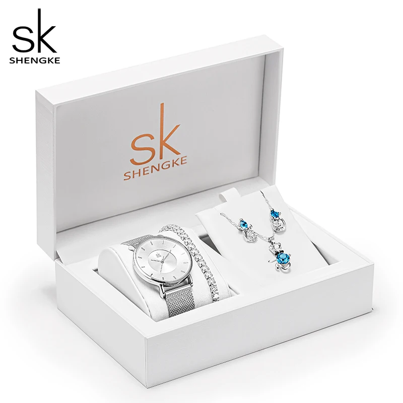 Shengke Women Watches Set With Gift Box Luxury Style With Necklace Earrings Rings Accessories Gift For Love With High Quality