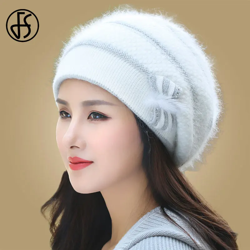 FS Winter Hats For Women Beret Angora Knit Hat Warm Flower Bow Fashion Double Layers Thermal Snow Caps Berets Femme Hiver