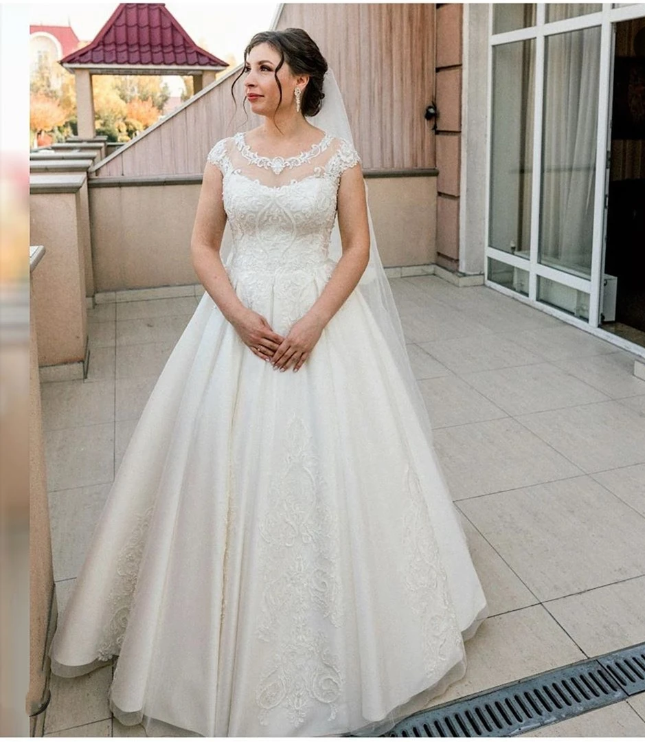 Vestido de noiva linha a com apliques, veste de casamento longo de renda manga curta tule branco vestido de noiva elegante com zíper nas costas