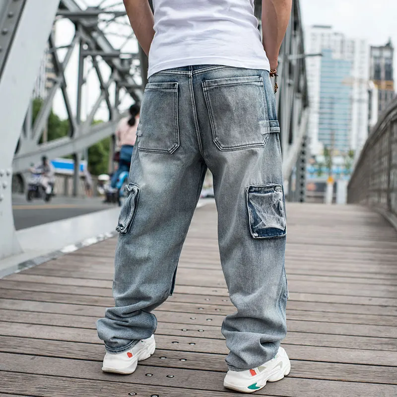 2021 duże rozmiary luźne jeansy męskie spodnie dżinsowe kilka kieszeni proste workowate casualowe w stylu Streetwear hip-hopowe niebieskie spodnie z